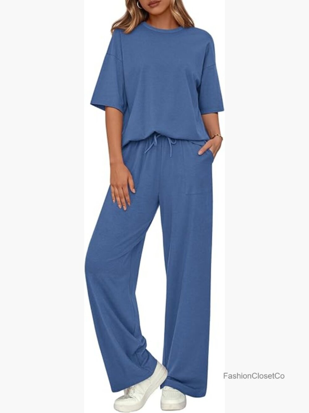 Summer Two Piece Lounge Set Short Sleeve Top Wide Leg Pants Matching Set